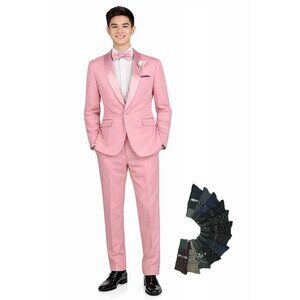 Men’s Slim-Fit Stretch Tuxedo–Bow Tie, Built‑In Pocket Square & Socks–Dusty Rose